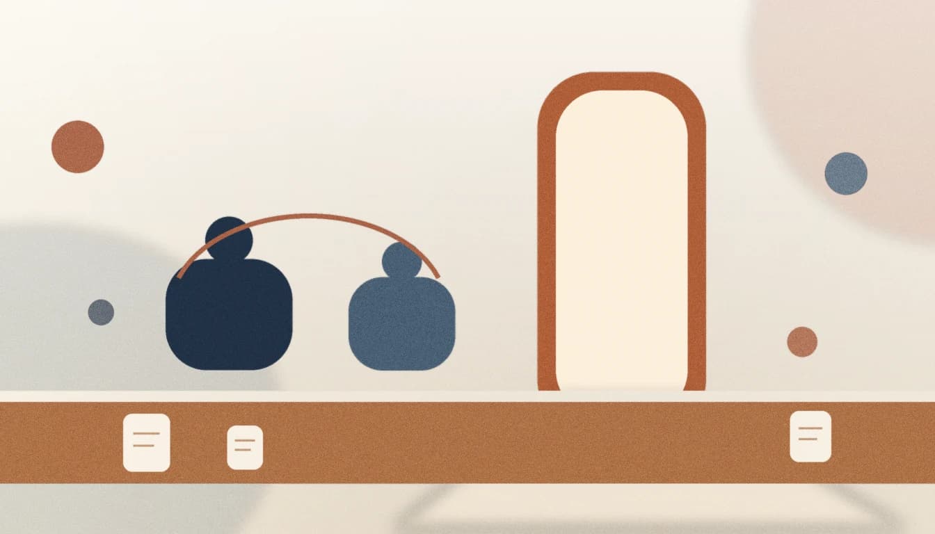 Editorial illustration of a clinical research setting with abstract figures, a medical vial shape, linked data nodes and a descending bar chart