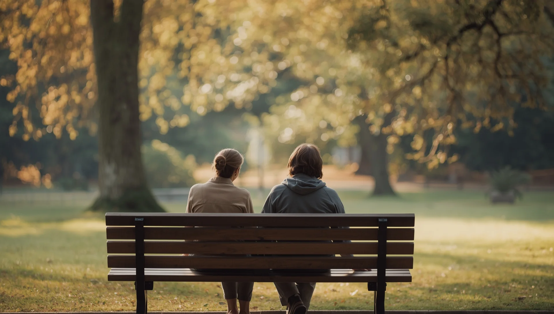 Two people sharing a supportive conversation on a park bench during recovery