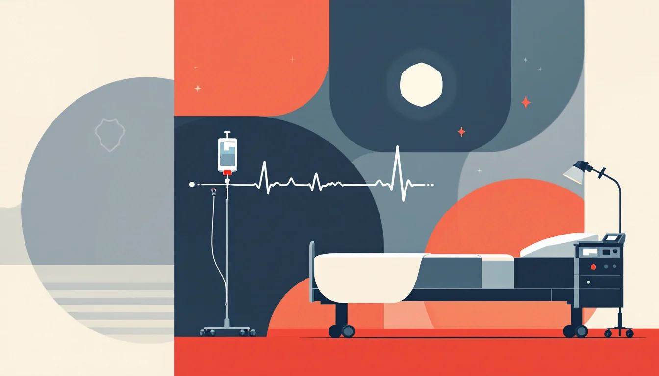 Clinical safety illustration of a monitored hospital bed with IV infusion equipment and abstract molecular shapes