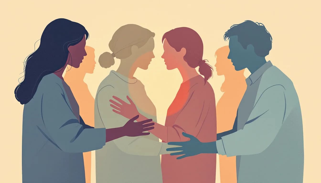 Supportive circle of people connected by warm light