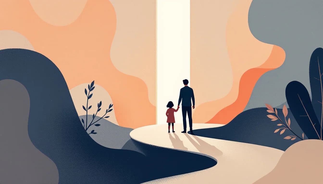 A warm-toned abstract doorway scene with adult silhouettes and a child figure, suggesting a family reuniting