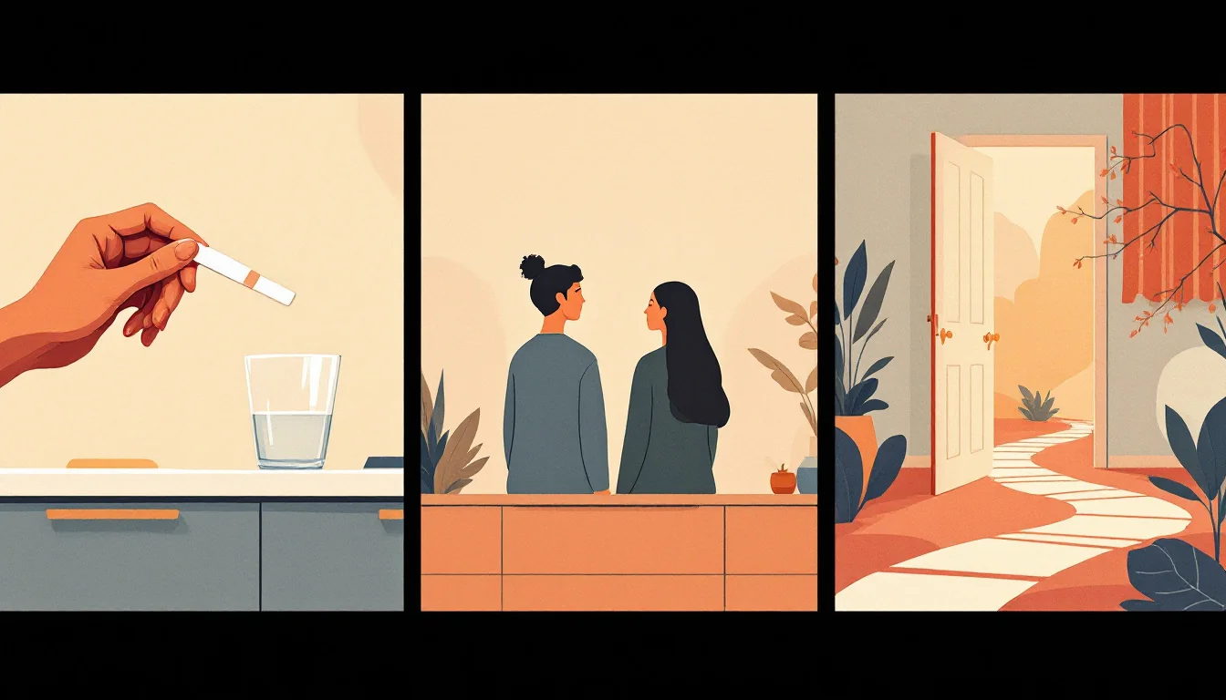 Warm editorial illustration of a small test strip in a glass of water on a kitchen table, a supportive hand, and an open doorway with soft light