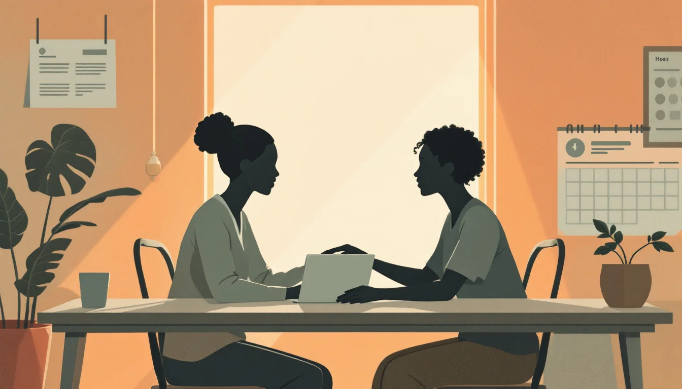 Warm editorial illustration of a phone on a table beside a family member's supportive hand, soft muted tones