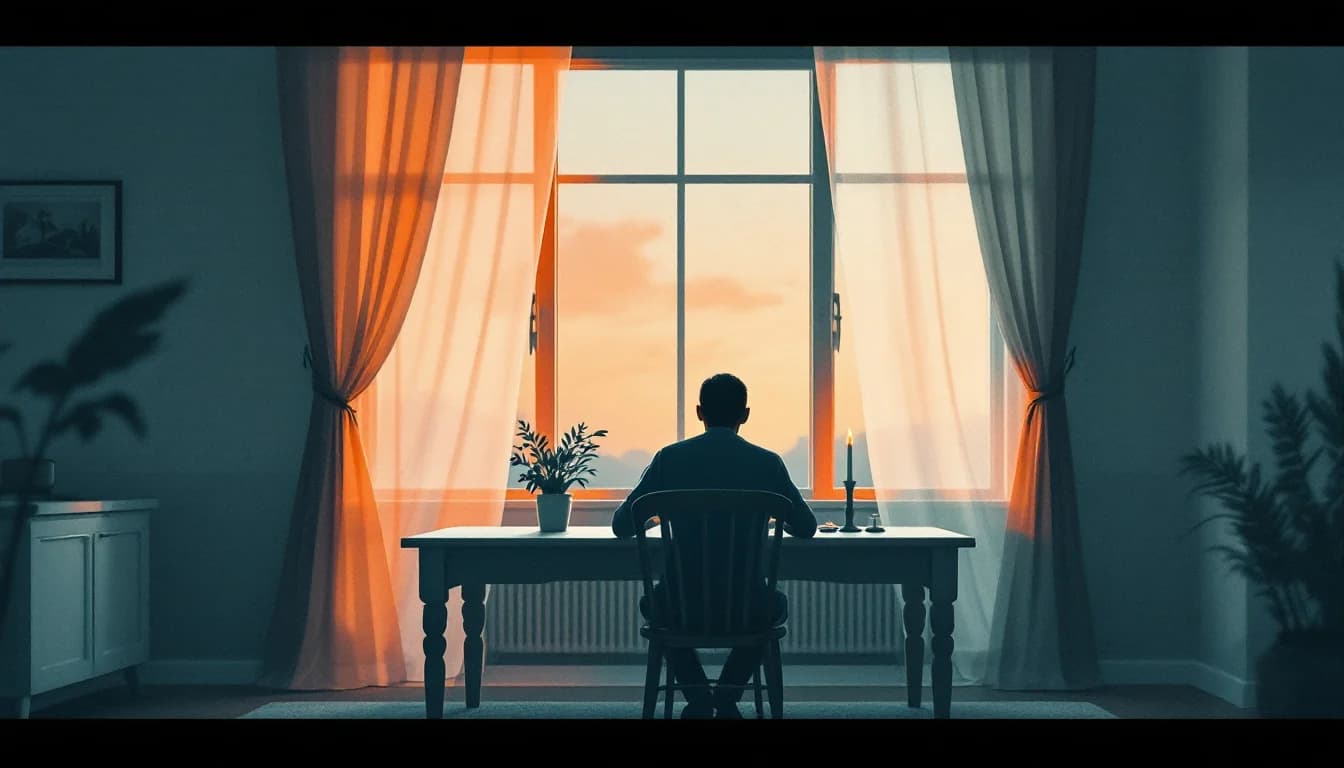 Warm editorial illustration of a seated silhouette beside a lit window, an empty chair at a table, and soft candlelight shapes