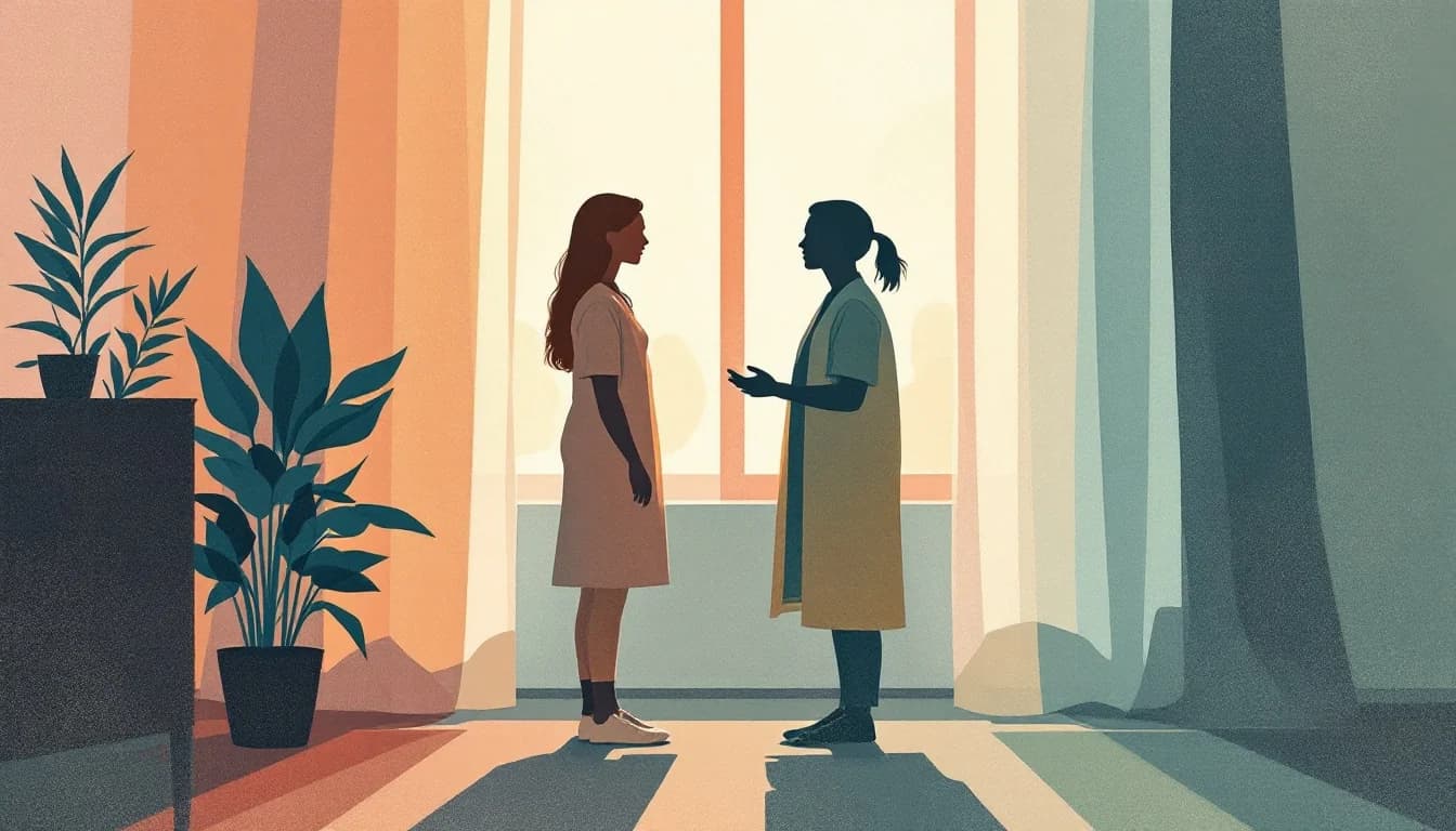 Warm illustration of two people having a calm conversation across a gentle boundary line, with supportive home environment in background