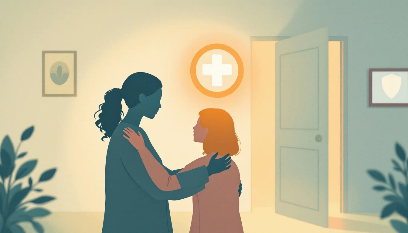 Warm illustration of two supportive figures beside a protective shield and healthcare cross symbol