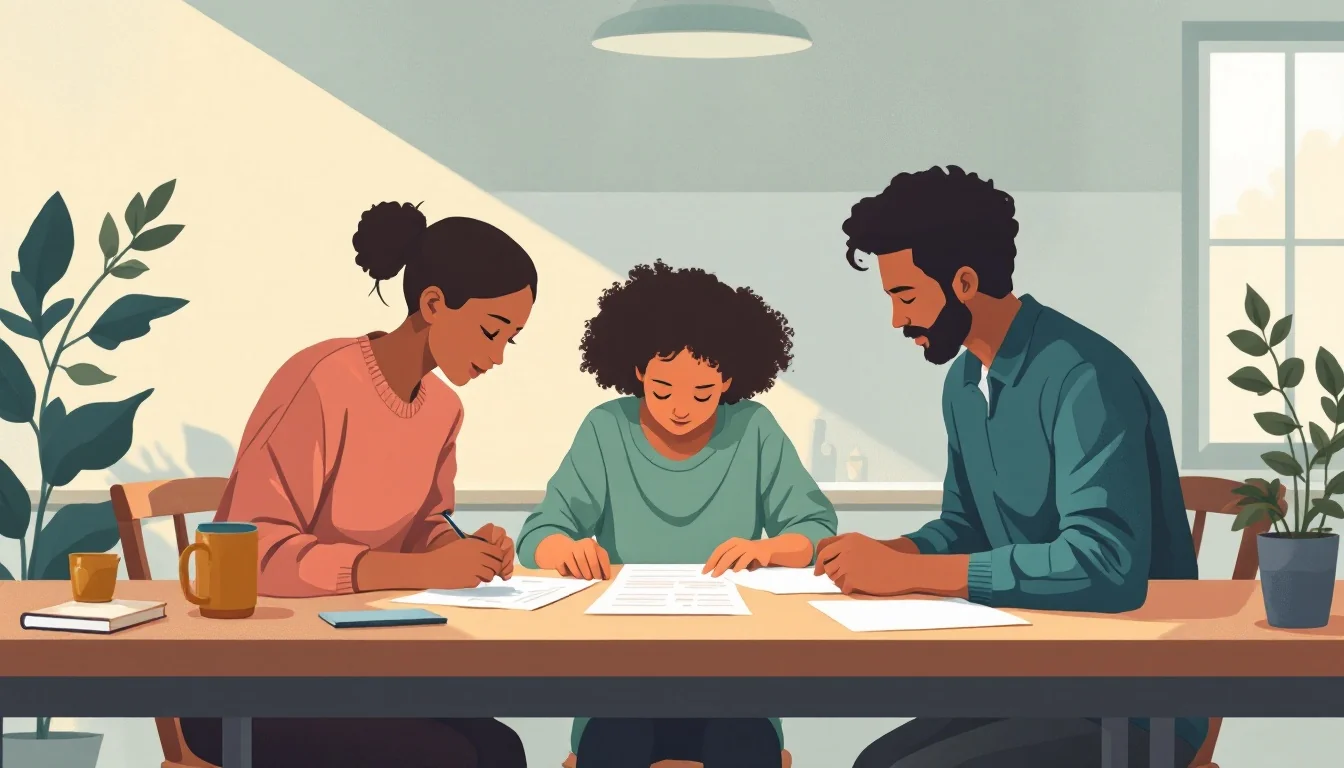Family reviewing insurance documents at kitchen table with supportive atmosphere