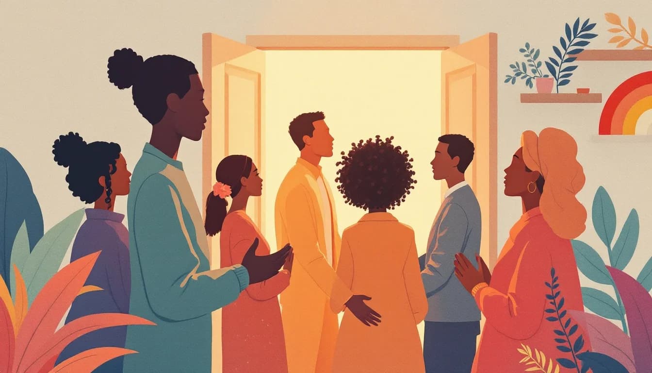 Supportive diverse figures in warm welcoming environment with inclusive symbols