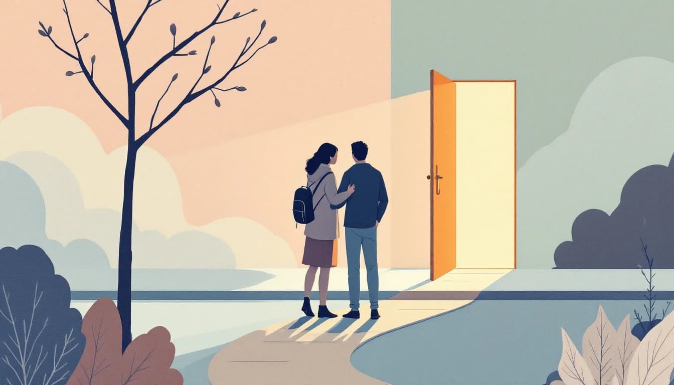 Two silhouetted figures standing together on a city sidewalk beside an open doorway, with abstract key and folded-blanket shapes on a warm background