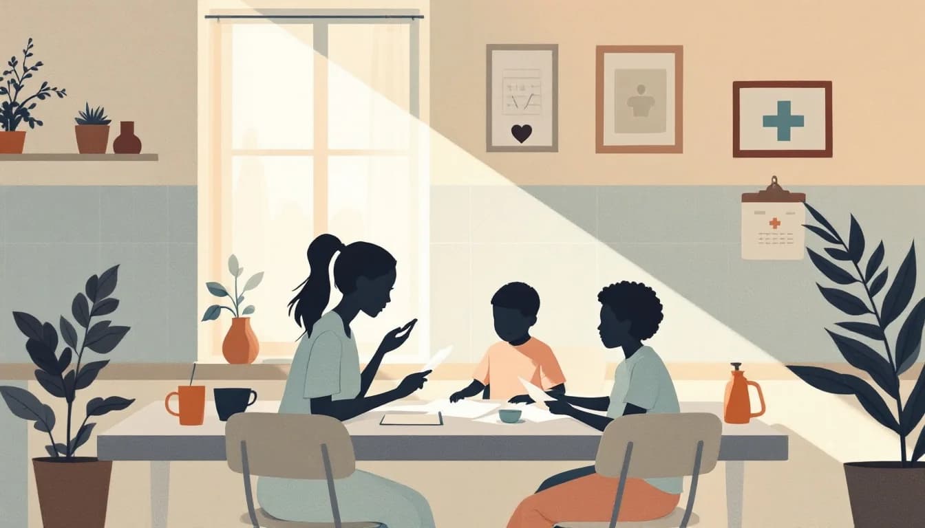 Family reviewing healthcare documents together at a kitchen table