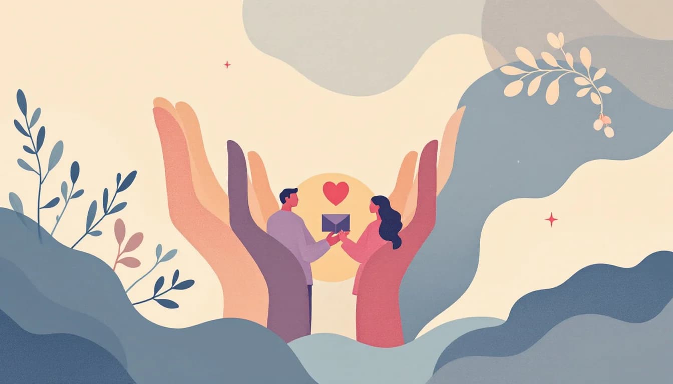 Warm editorial illustration of supportive family figures with medication symbols and healing pathway