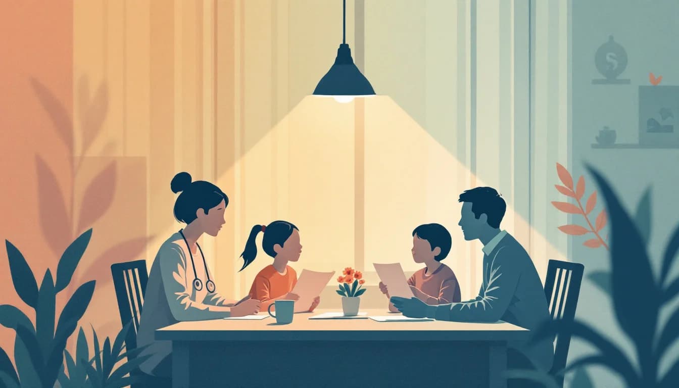 Family at kitchen table reviewing financial documents with supportive community resources in background