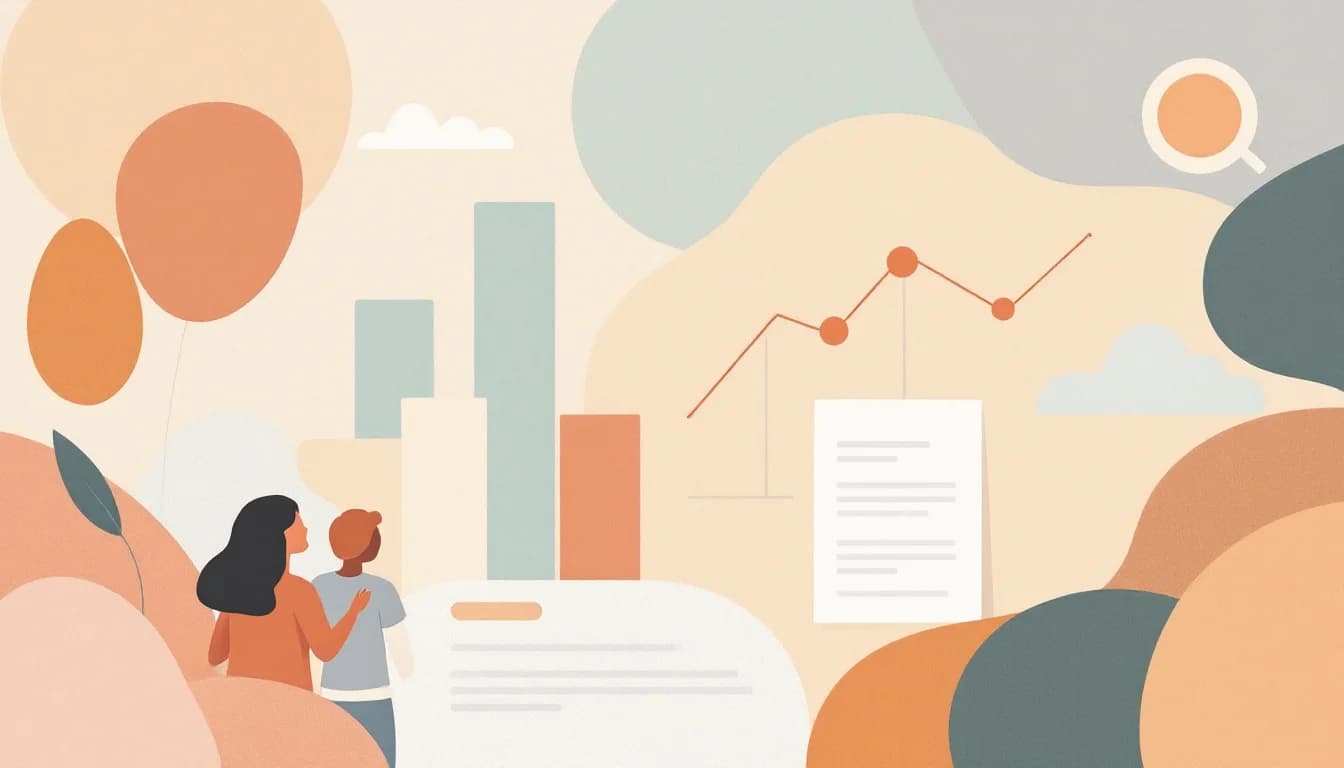 Warm editorial illustration of abstract bar-chart and trend-line shapes above a simple outlined county map, a magnifying glass silhouette and two supportive figures