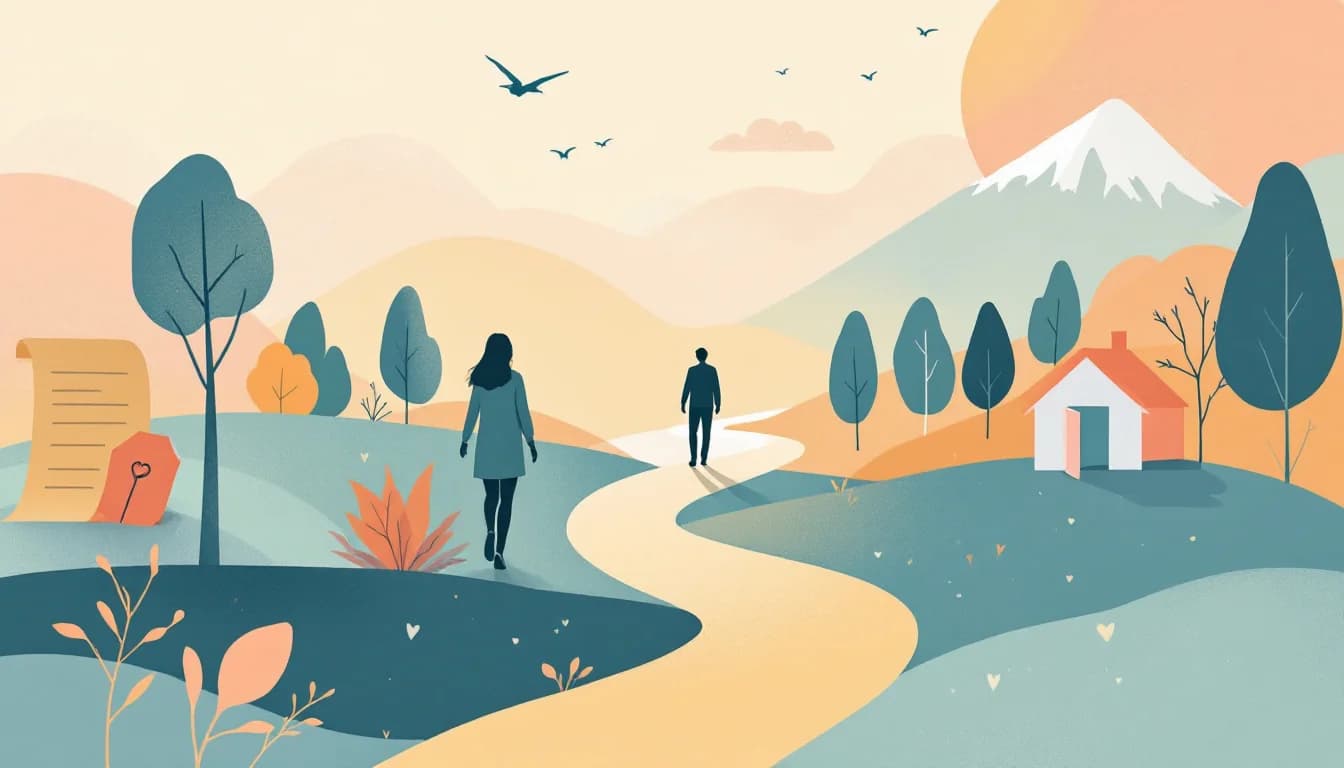 Two figures walking a path toward an open doorway in warm morning light