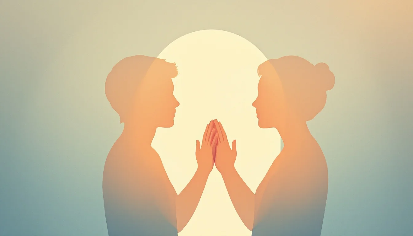 Two silhouetted figures reaching toward each other across a gentle warm light, symbolic of reconnection and healing