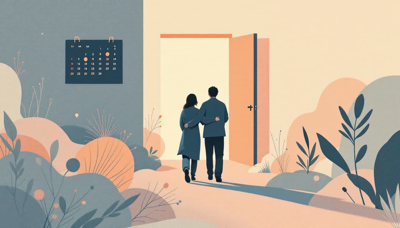 Two silhouetted figures walking together toward a bright open doorway, with abstract calendar and pathway shapes