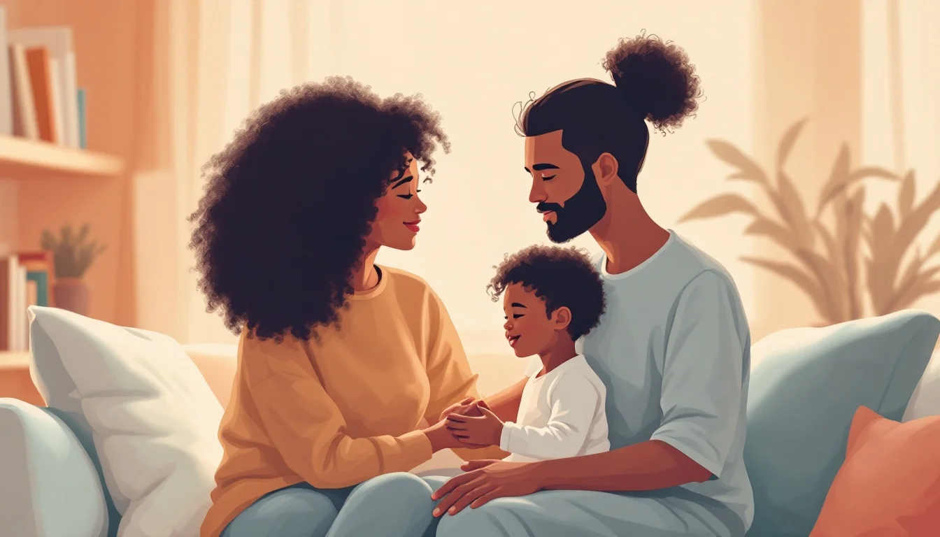 Supportive family conversation in a warm home setting with parent and child