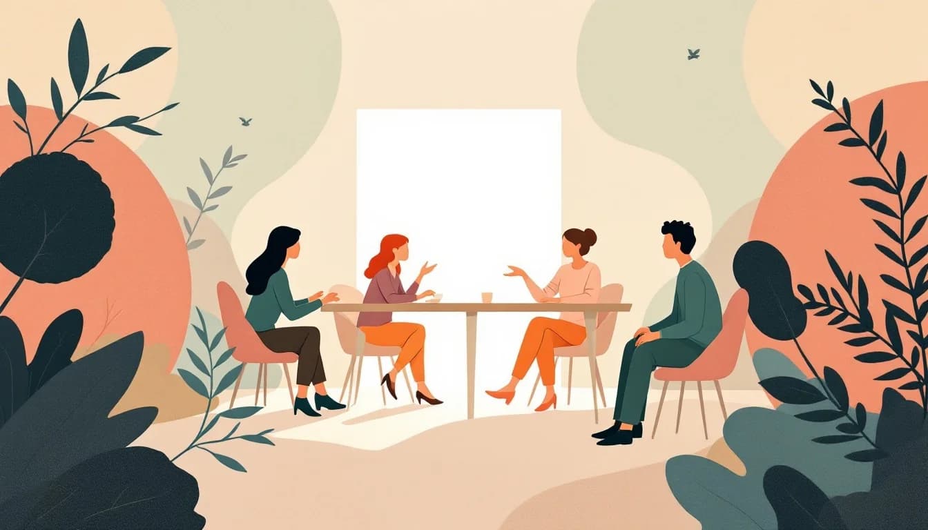 Supportive group meeting illustration with warm lighting