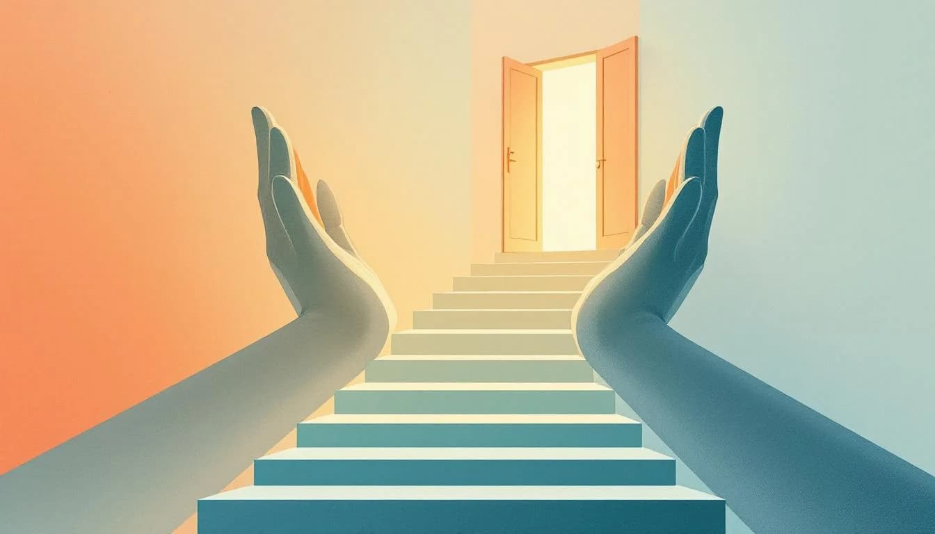 Pathway through supportive hands silhouette representing levels of addiction treatment care