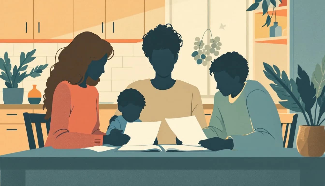 Family reviewing health insurance documents together at a table with supportive lighting