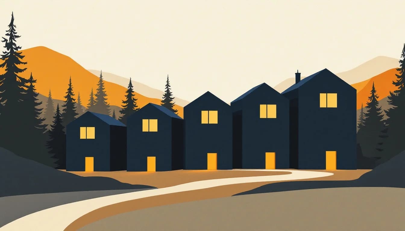 Editorial illustration of residential buildings growing in stepped progression with warm lit doorways, symbolizing Oregon's expanding treatment capacity