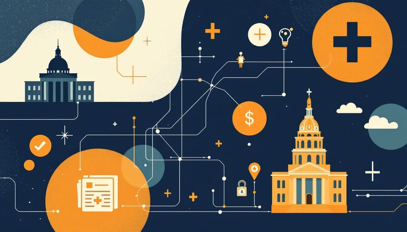 Delaware state capitol building with healthcare funding imagery
