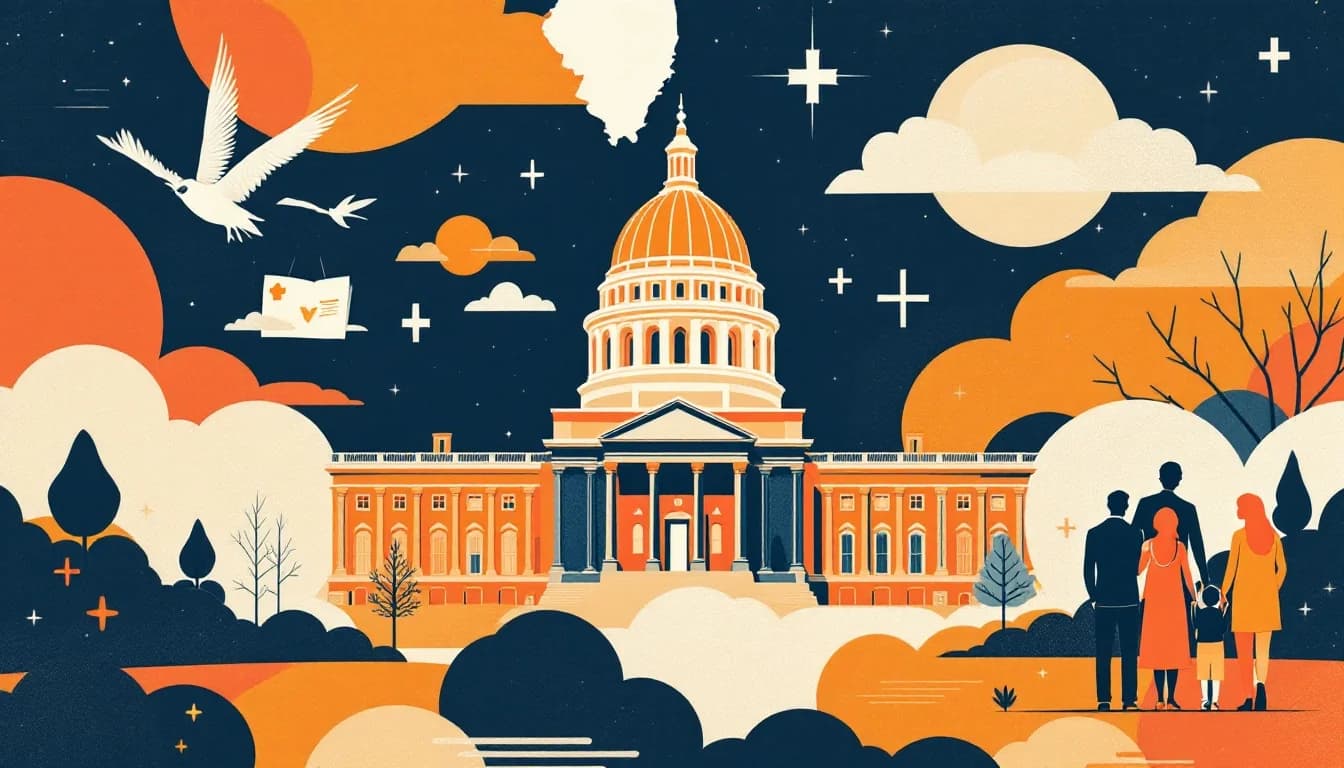 Illinois state capitol with legislative documents and healthcare imagery