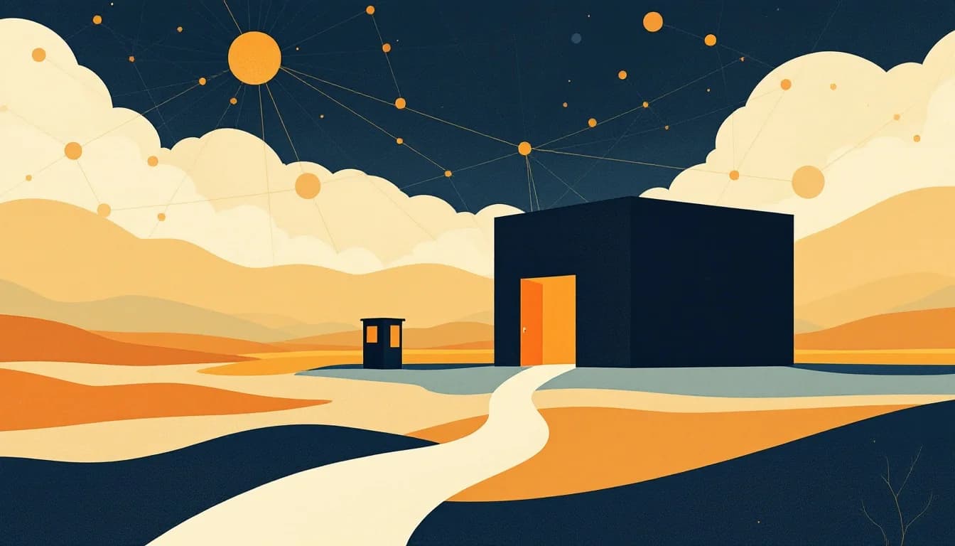 Editorial illustration of a community health building with open doors and connected support network