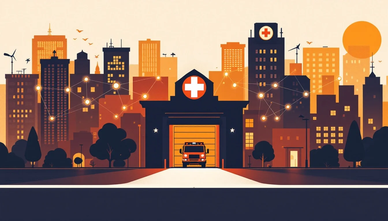 Editorial illustration of a fire station with open doors connected to a citywide network of health access points