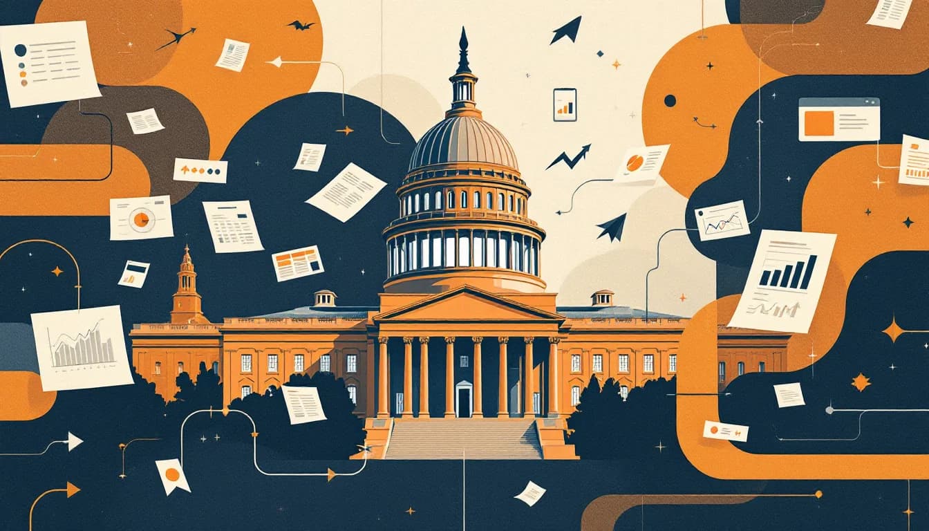 Washington D.C. Capitol building with budget documents and healthcare symbols