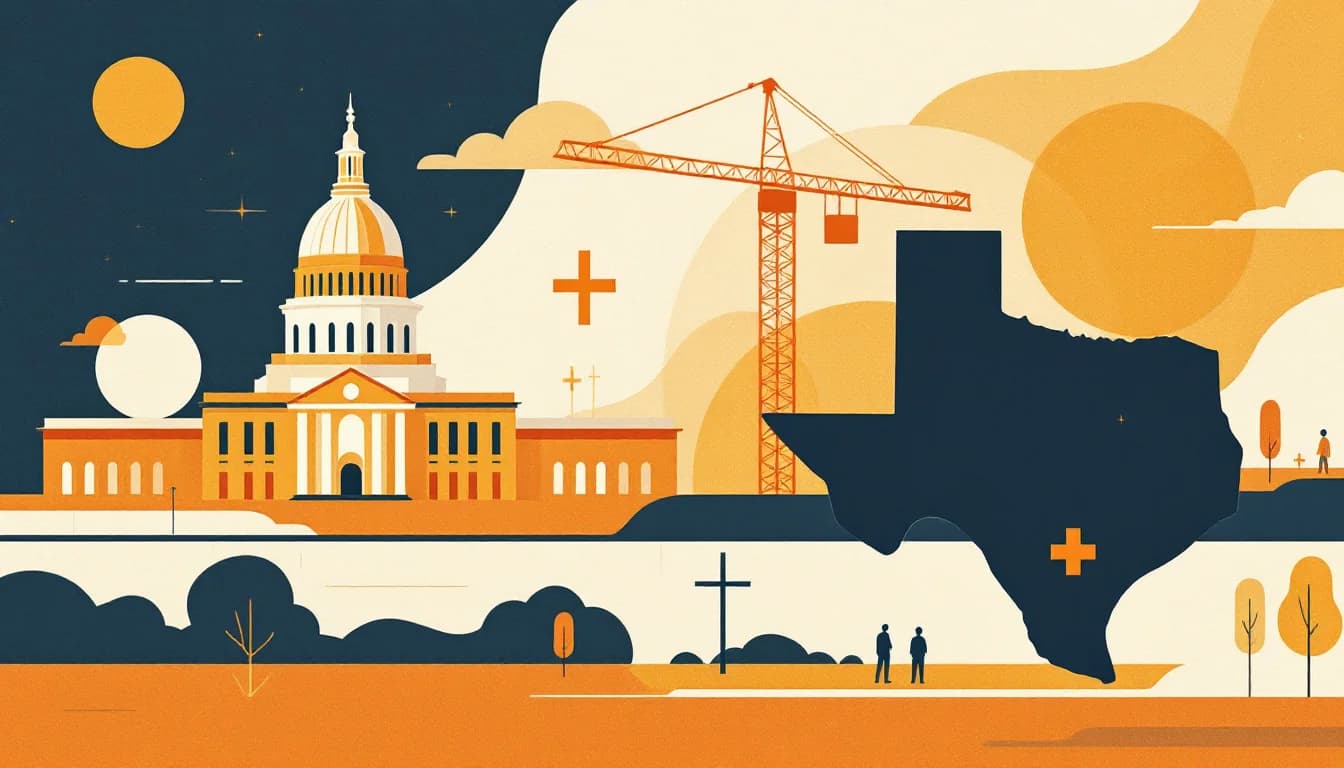 Texas state capitol building with healthcare imagery and construction elements