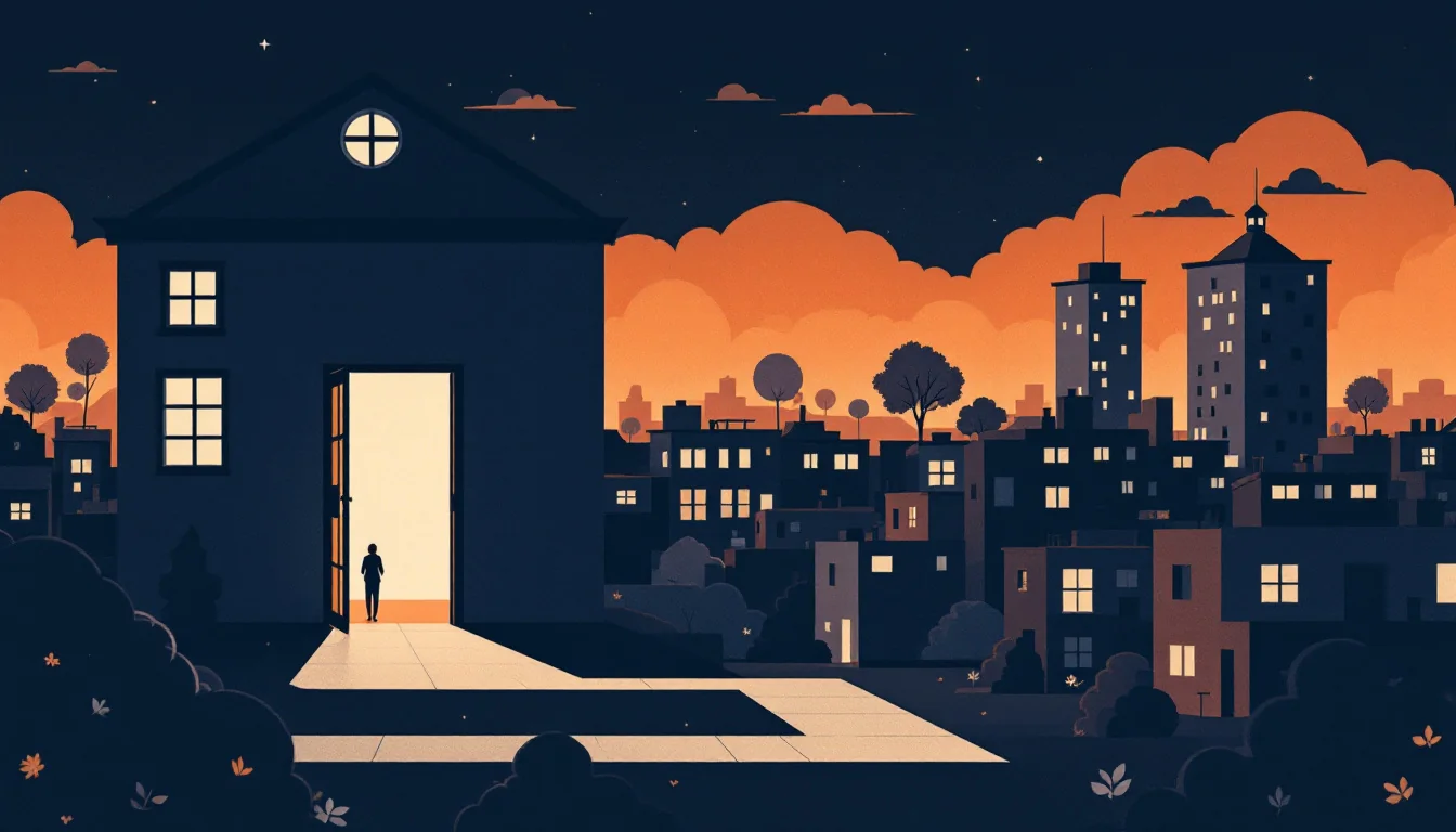 Illustration of a supported housing building connected by a path to a hospital entrance