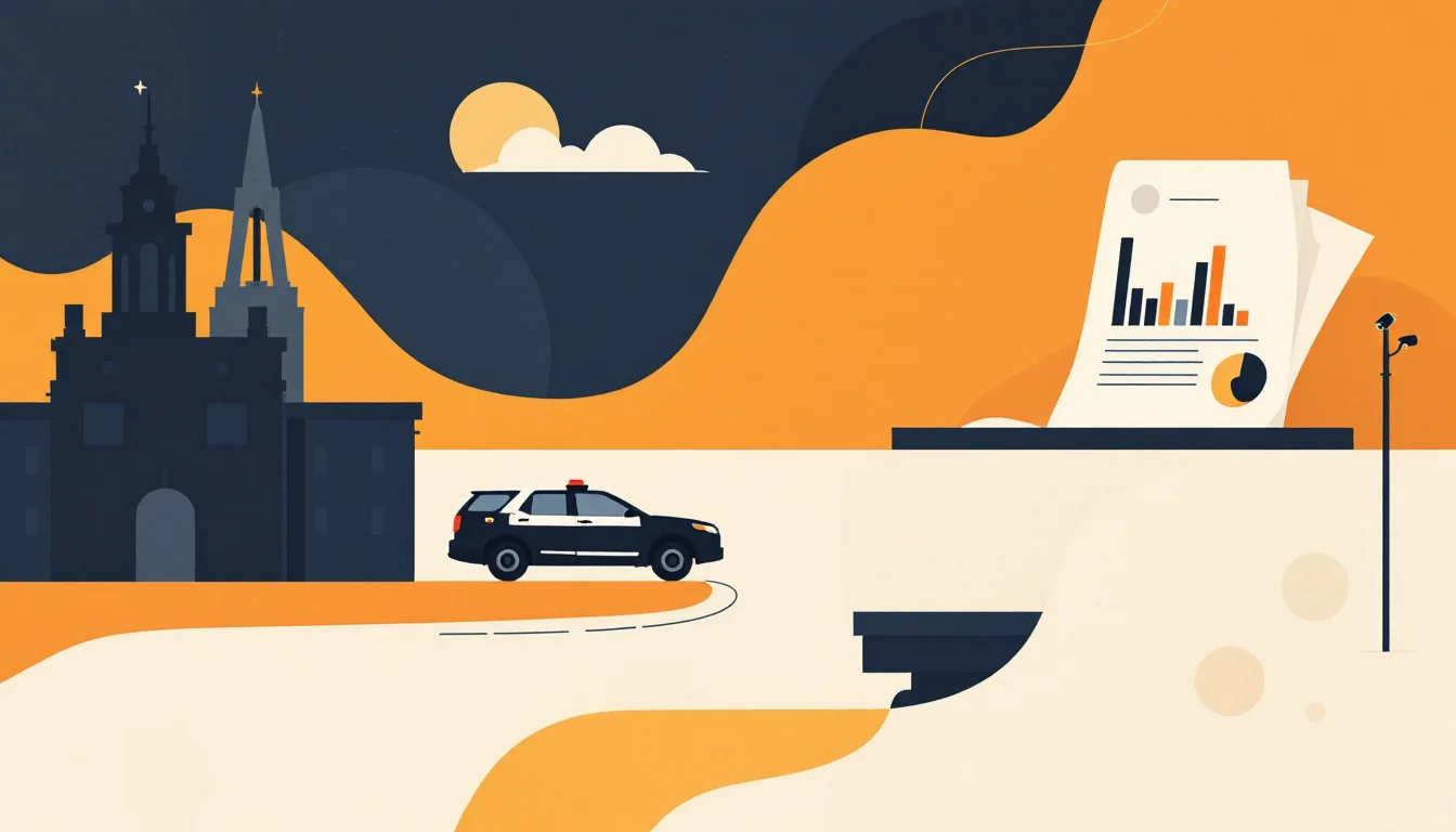Editorial illustration of a municipal building, a funding stream splitting toward a police vehicle silhouette and an empty classroom desk, and a public spending ledger