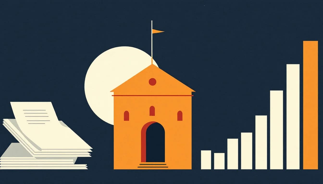 Editorial illustration of a county government building silhouette, a rising bar chart, an abstract public-health cross and a network of connected response nodes